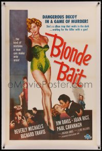 8b0022 BLONDE BAIT linen 1sh R1950s full-length sexy smoking bad girl Beverly Michaels is a silken trap!