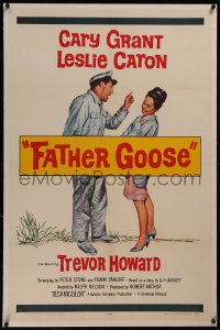 8b0064 FATHER GOOSE linen 1sh 1965 art of sea captain Cary Grant yelling at pretty Leslie Caron!