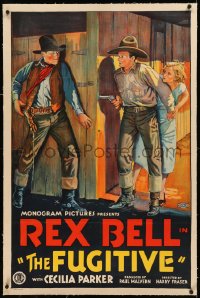 8b0074 FUGITIVE linen 1sh 1933 Rex Bell & Cecilia Parker get the drop on the bad guy, ultra rare!