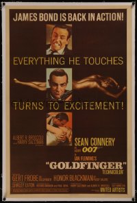 8b0081 GOLDFINGER linen 1sh 1964 three images of Sean Connery as James Bond 007 with a flat finish!