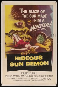 8b0094 HIDEOUS SUN DEMON linen 1sh 1959 the blaze of the sun made Robert Clarke a monster, cool art!