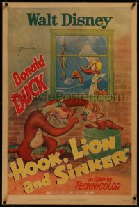 8b0096 HOOK LION & SINKER linen 1sh 1950 lions want to eat Donald Duck's fish, Disney, ultra rare!