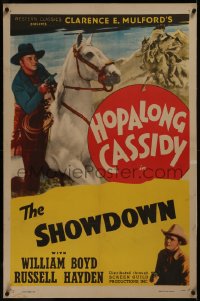8b0097 HOPALONG CASSIDY linen style C 1sh 1947 cowboy William Boyd riding his horse, The Showdown!