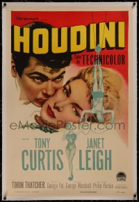 8b0099 HOUDINI linen 1sh 1953 art of magician Tony Curtis and his sexy assistant Janet Leigh!
