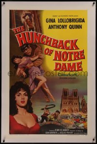 8b0101 HUNCHBACK OF NOTRE DAME linen 1sh 1957 Anthony Quinn as Quasimodo, sexy Gina Lollobrigida!