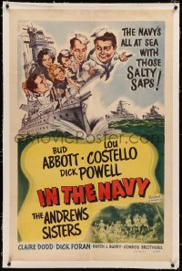 8b0108 IN THE NAVY linen 1sh R1948 cartoon art of Abbott & Costello w/ Andrews Sisters, ultra rare!