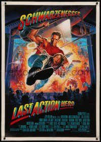 8b0122 LAST ACTION HERO linen 1sh 1993 cool Morgan art of Arnold Schwarzenegger crashing through screen!