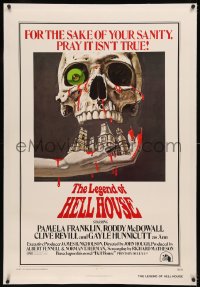 8b0124 LEGEND OF HELL HOUSE linen 1sh 1973 B.T. art of skull & haunted house dripping with blood!