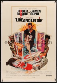 8b0132 LIVE & LET DIE linen East Hemi 1sh 1973 McGinnis art of Moore as Bond & women on tarot cards!