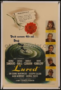 8b0140 LURED linen 1sh 1947 artist seeks beautiful model, Lucille Ball, Boris Karloff, murder!