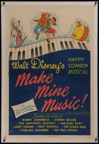 8b0142 MAKE MINE MUSIC linen 1sh 1946 Walt Disney full-length feature cartoon, musical piano art!