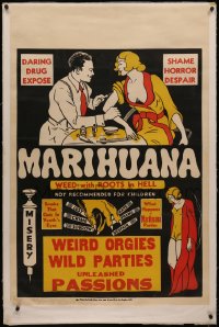 8b0146 MARIHUANA linen 1sh 1930s Dwain Esper drug expose, weed with roots in Hell, weird orgies, rare!