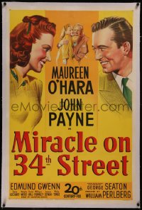 8b0155 MIRACLE ON 34th STREET linen 1sh 1947 art of Gwenn, Natalie Wood, Maureen O'Hara & Payne!