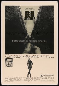 8b0161 NAKED UNDER LEATHER linen 1sh 1970 Alain Delon, super c/u of sexy Marianne Faithfull unzipping!