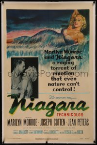 8b0164 NIAGARA linen 1sh 1953 classic art of giant sexy Marilyn Monroe on famous waterfall + photo!