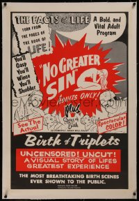 8b0165 NO GREATER SIN/BIRTH OF TRIPLETS linen 25x38 1sh 1966 pseudo-documentaries giving facts of life