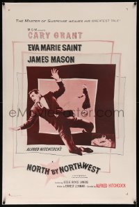 8b0166 NORTH BY NORTHWEST linen 1sh R1960s Alfred Hitchcock classic with Cary Grant & Eva Marie Saint!