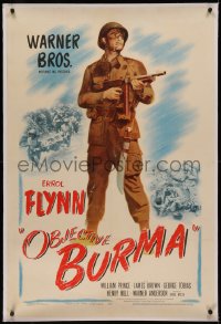 8b0168 OBJECTIVE BURMA linen 1sh 1945 full-length image of paratrooper Errol Flynn winning WWII!
