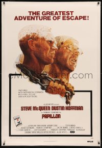 8b0175 PAPILLON linen 1sh 1973 prisoners Steve McQueen & Dustin Hoffman by Tom Jung, Allied Artists!