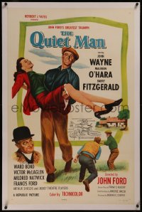 8b0184 QUIET MAN linen 1sh R1957 great image of John Wayne carrying Maureen O'Hara, John Ford classic!