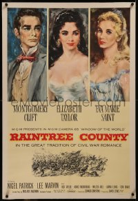 8b0189 RAINTREE COUNTY linen 1sh 1957 art of Montgomery Clift, Elizabeth Taylor & Eva Marie Saint!
