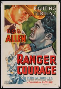 8b0190 RANGER COURAGE linen 1sh 1936 great art of cowboy Bob Allen grabbing bad guy by the shirt!