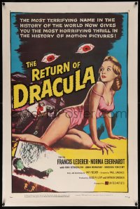 8b0191 RETURN OF DRACULA linen 1sh 1958 art of sexy girl being watched by creepy vampire eyes!