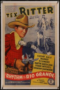 8b0194 RHYTHM OF THE RIO GRANDE linen 1sh 1940 great art of cowboy Tex Ritter with two guns, rare!