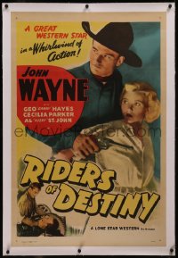 8b0195 RIDERS OF DESTINY linen 1sh R1947 great close up of young cowboy John Wayne with gun & girl!