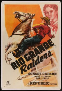 8b0197 RIO GRANDE RAIDERS linen 1sh 1946 cowboy Sunset Carson on rearing horse, pretty Linda Stirling!