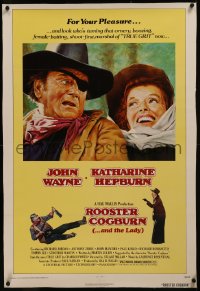 8b0201 ROOSTER COGBURN linen 1sh 1975 great art of John Wayne with eyepatch & Katharine Hepburn!