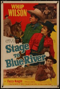 8b0223 STAGE TO BLUE RIVER linen 1sh 1951 great image of cowboy Whip Wilson with Phyllis Coates!