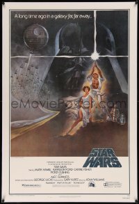 8b0224 STAR WARS linen fourth printing 1sh 1977 A New Hope, classic Jung art of Vader, Luke & Leia!
