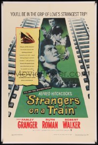 8b0229 STRANGERS ON A TRAIN linen 1sh 1951 Farley Granger & Robert Walker in murder pact, Hitchcock!