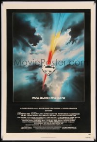 8b0233 SUPERMAN linen 1sh 1978 D.C. comic book superhero Christopher Reeve, cool Bob Peak logo art!