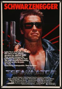 8b0239 TERMINATOR linen 1sh 1984 classic image of cyborg Arnold Schwarzenegger, no border design!
