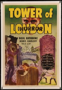 8b0251 TOWER OF LONDON linen 1sh R1948 Basil Rathbone, executioner Boris Karloff Basil Rathbone, rare!