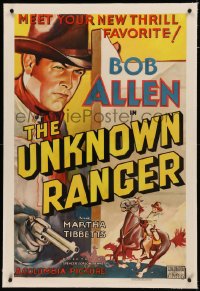 8b0257 UNKNOWN RANGER linen 1sh 1936 great art of new thrill Bob Allen with smoking gun, very rare!