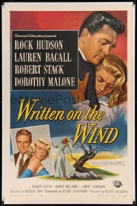 8b0273 WRITTEN ON THE WIND linen 1sh 1956 Brown art of Lauren Bacall, Rock Hudson & Robert Stack!