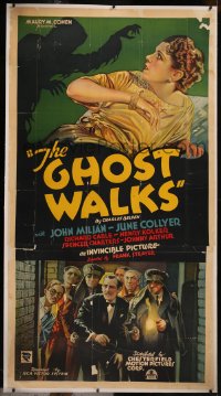 8c0019 GHOST WALKS linen 3sh 1934 cool art of apparition looming over scared June Collyer, rare!