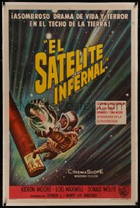 8c0261 SATELLITE IN THE SKY linen Argentinean 1956 cool art of astronaut floating in space, rare!