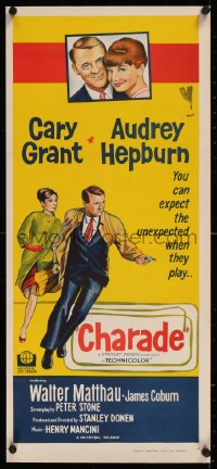 8c0200 CHARADE linen Aust daybill 1963 Cary Grant with gun & Audrey Hepburn, expect the unexpected!