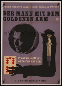8c0188 MAN WITH THE GOLDEN ARM linen East German 23x32 1966 Sinatra, Preminger, different & rare!