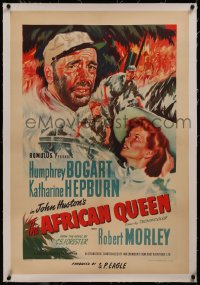 8c0266 AFRICAN QUEEN linen English 1sh 1952 art of Katharine Hepburn & Humphrey Bogart, ultra rare!