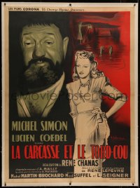 8c0091 LA CARCASSE ET TU TORD-COU linen French 1p 1948 art of Michel Simon, who marries young woman!