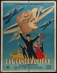 8c0092 LA GRANDE VOLIERE linen French 1p 1948 Rojac art of pilot, planes & cheering people, rare!