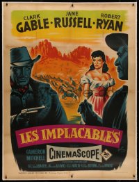 8c0110 TALL MEN linen French 1p 1955 Grinsson art of Clark Gable, Jane Russell & Robert Ryan, rare!