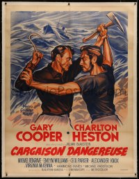 8c0113 WRECK OF THE MARY DEARE linen French 1p 1960 Soubie art of Gary Cooper & Charlton Heston, rare!