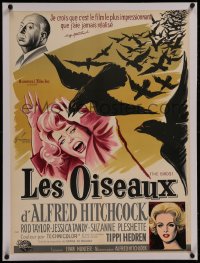 8c0238 BIRDS linen French 22x30 1963 Grinsson art of Alfred Hitchcock, Tippi Hedren & Tandy attacked!
