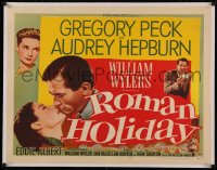 8c0184 ROMAN HOLIDAY linen 1/2sh 1953 Audrey Hepburn & Gregory Peck about to kiss & on Vespa, rare!